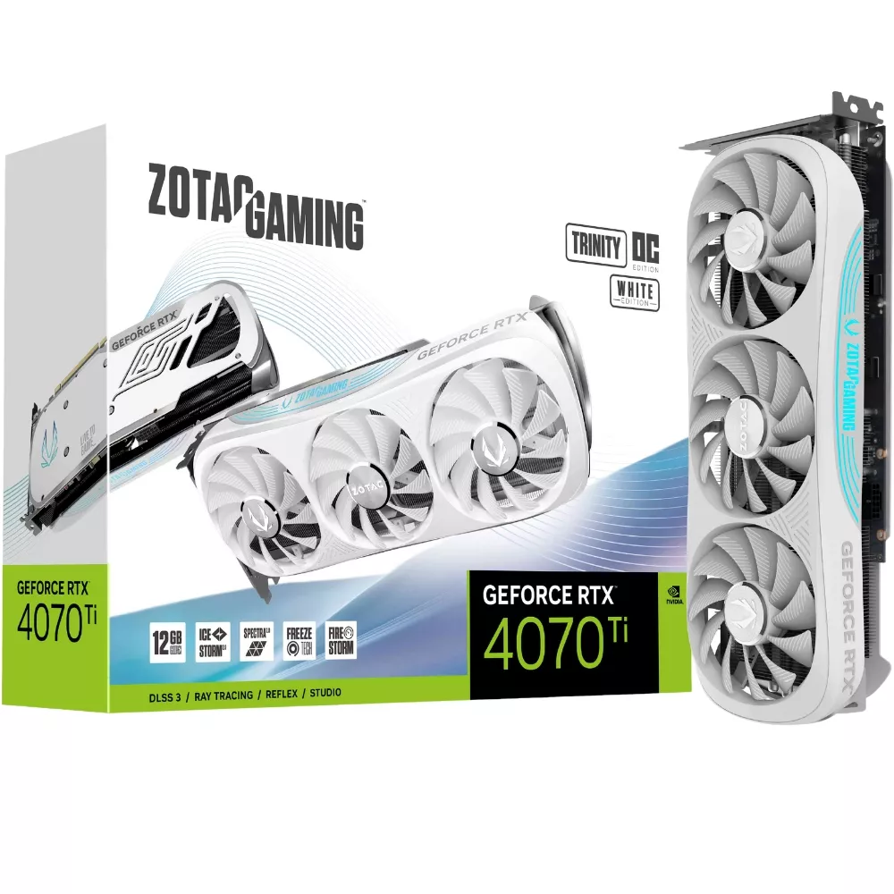 ZOTAC GeForce RTX 4070 Ti Trinity OC White Edition 12GB GDDR6X, 192bit, 2625/21000Mhz, Ada Lovelace/DLSS3, PCIeX16 4.0, 1xHDMI, 3xDP, Triple Fan / Ice фото