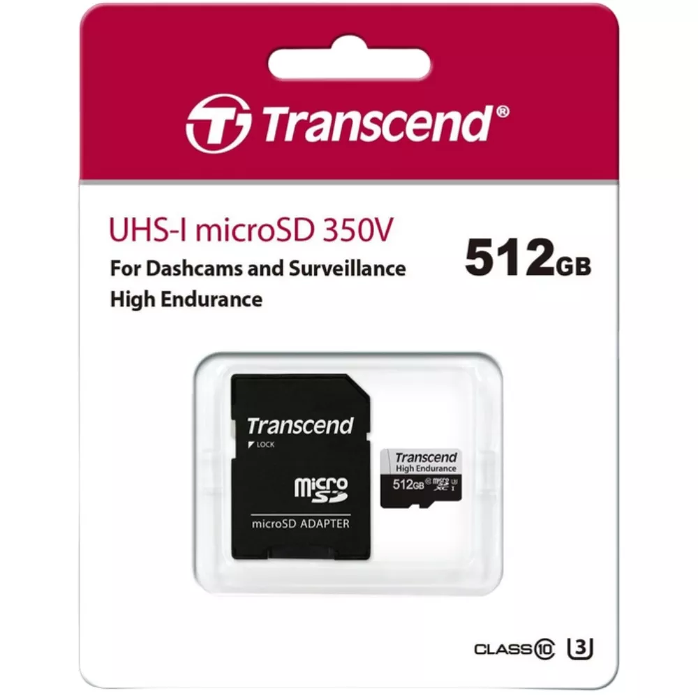 512GB MicroSD (Class 10) UHS-I (U3), SD adapter, Transcend "TS512GUSD350V" (R/W:95/45MB/s,Endurance) фото