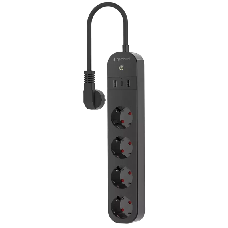 Smart power strip Gembird TSL-PS-S4U-01-, 4 sockets, 1.5 m, with USB charger 2x USB Type-A, 1x USB Type-C, black фото