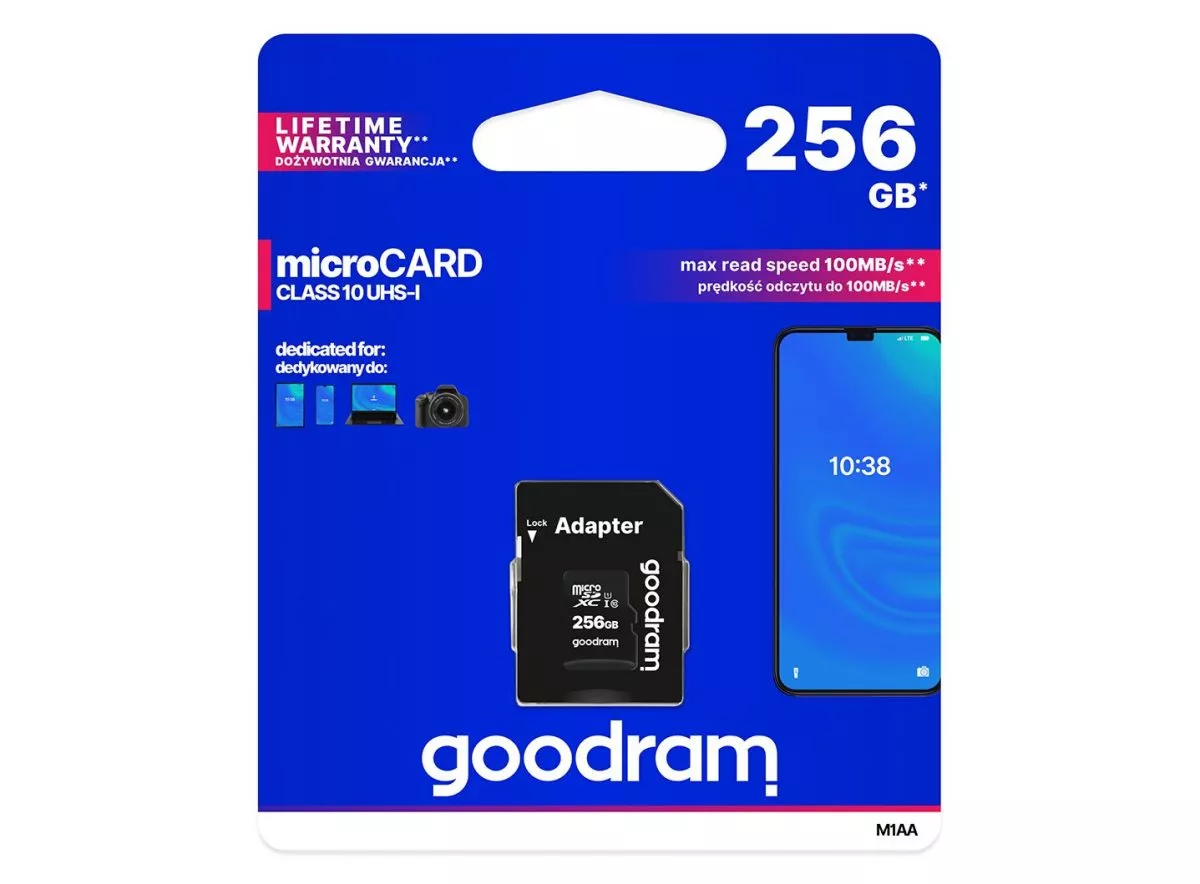 256GB microSD Class10 U1 UHS-I SD adapter Goodram M1AA, 600x, Up to: 90MB/s фото