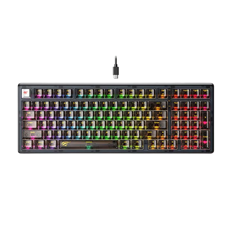 Gaming Keyboard Havit KB875L, Mechanical, Red SW, Hot-Swappable, All keys roll-over, Macro, 98 Keys, 50M, RGB, 1.8m, USB, EN/RU, Transparent Teal фото